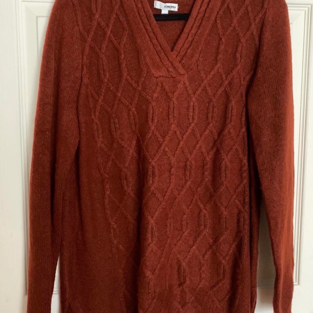 Sonoma Cranberry V Neck Hooded Sweater Size L